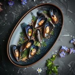 Blue Mussels on Dark Leaves and Flowers Background Top View, Delicacy Seafood Dish