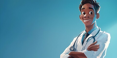 Doctor Character Portrayed With a Guarded Suspicious Expression Offering Medical Expertise - obrazy, fototapety, plakaty