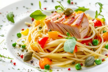 Italian Spaghetti with Tuna Fillet and Vegetables on White Restaurant Plate. Fish Pasta with Canned Seafood