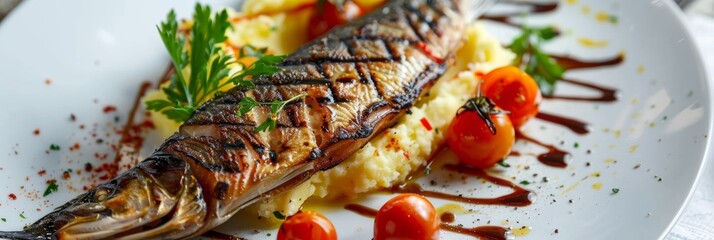 Grilled Mackerel with Mashed Potatoes and Tomatoes, Fried Scomber Fillet