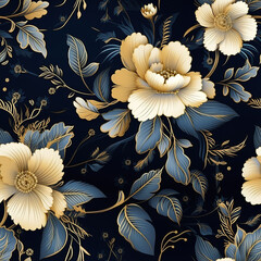 Seamless floral pattern. Realistic golden flowers. On a blue background.