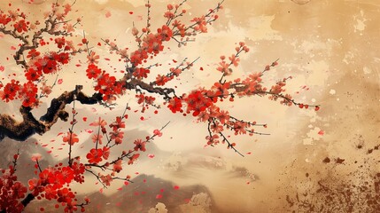 Vintage traditional Japanese painting,Cherry Blossom - Sakura . Painting on old paper.