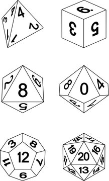 A set of common game dice used for roleplaying RPG or fantasy tabletop board games