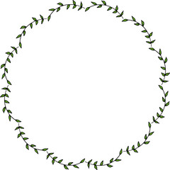 Decorative round frame with green branches on white background. Vector image.