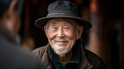 A Chinese man with a black hat and a white beard is smiling. A kind grandpa whit smile. A Chinese old man in dark background.
