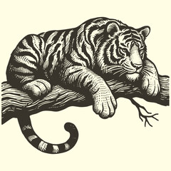 cunning tiger on a tree branch illustration - obrazy, fototapety, plakaty