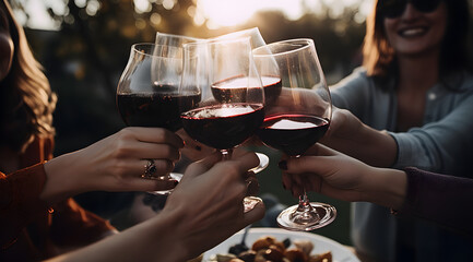 Friends clinking their glasses of red wine while enjoying an outdoor autumn celebration, with a table full of delicious foods and snacks nearby. - obrazy, fototapety, plakaty