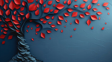 Paper landscape, tree with red leaves on a blue background.
