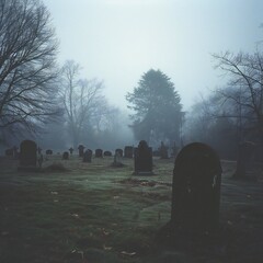 A  spooky graveyard with fog rolling