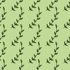 Decorative seamless pattern with green branches on green background. Vector image.