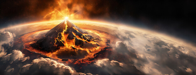 An erupting volcano dominates a planet's surface from space. Dramatic natural event showcasing...