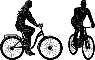 man and woman riding a bicycle silhouette on a white background vector - 785302483