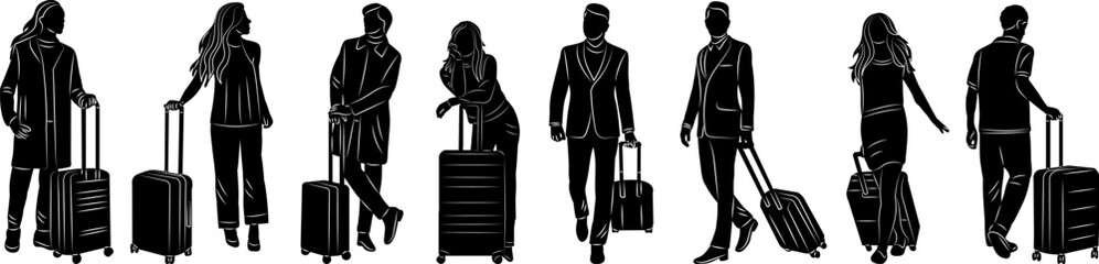 people with suitcases set silhouette on white background vector