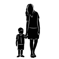 mother holding son's hand silhouette on white background vector