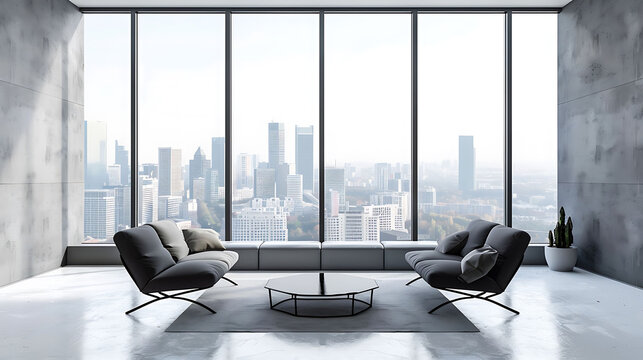 Minimalist living room with views of the city skyline.
