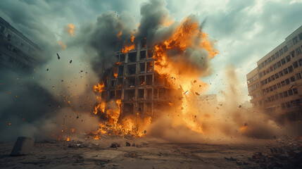 The crude realism of a collapsing building, destroying a building amid flying debris