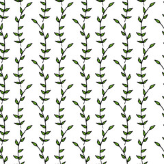 Decorative seamless pattern with green branches on white background. Vector image.