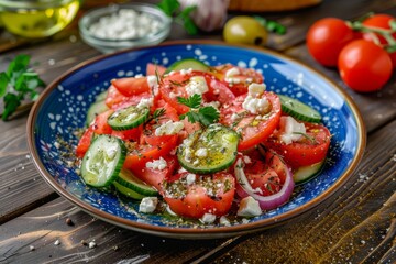 Greek Salad in Blue Plate, Villages Salad or Horiatiki with Tomatoes, Diced Cucumbers, Onion, Feta