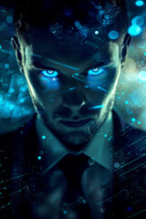 A beautiful businessman with glowing blue eyes on a digital background