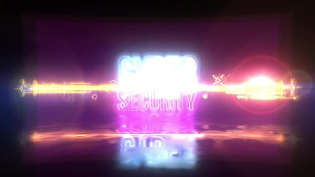 Cyber Security blue pink neon text glitch effect cinematic title abstract background.
