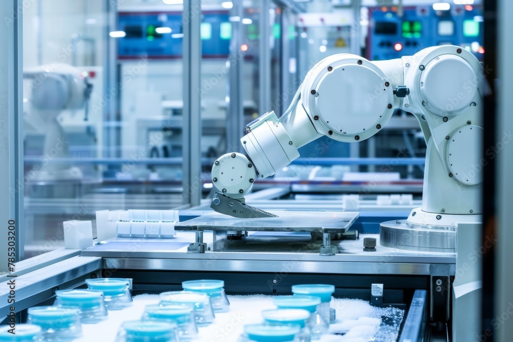 Poster advanced robotics technology in a modern factory handling products efficiently