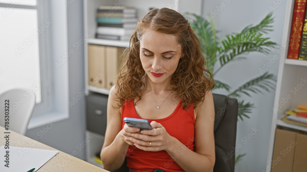 Sticker Attractive young caucasian woman business worker seriously engrossed in working on her smartphone at office desk