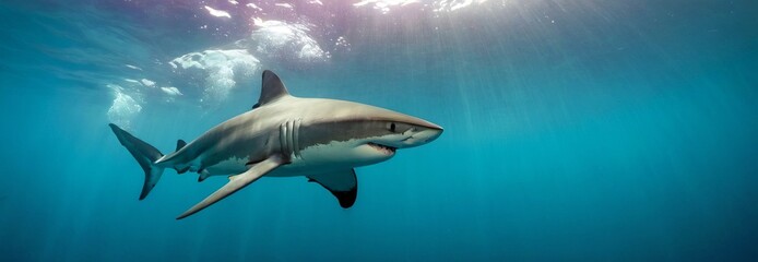 Great white shark, under ocean water, sun rays, blue water, underwater scene