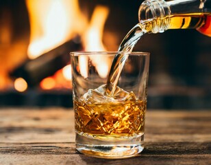 Whiskey being poured into a glass with fireplace background