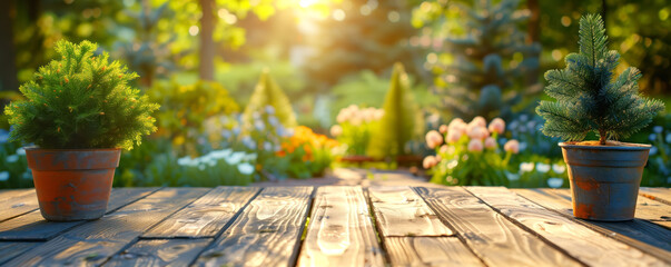 Naklejka premium Small coniferous trees in pots on wooden boards. Gardening concept.
