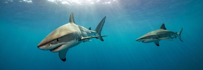Group of great white sharks, under ocean water, sun rays, blue water, underwater scene