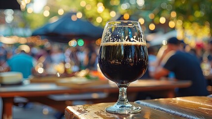 Aromatic Stout in a Snifter Glass at a Summer Beer Carnival

