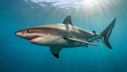 Obraz premium Great white shark attack, under ocean water, sun rays, blue water, underwater scene