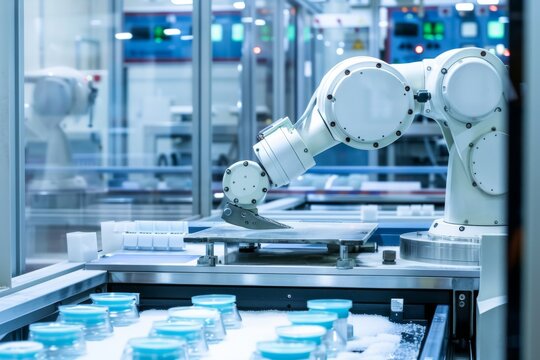 Advanced robotics technology in a modern factory handling products efficiently