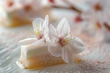 Obraz na płótnie Canvas Macro shot captures the delicate petal arrangement on Sakura tiramisu dessert.
