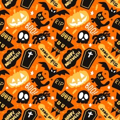 Halloween seamless pattern - creepy pumpkin lanterns with scary faces, traditional holiday halloween symbols ,seamless texture
