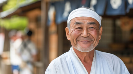 A Japanese man wearing a white headband is smiling. He is standing in front of a building. a clean-shaven, well-groomed 50-year-old Japanese carpenter, wearing a headband (hachimaki) smiling in camera