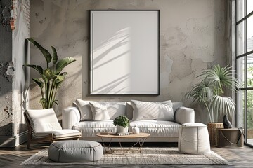 Beige living room in the Scandinavian style featuring a sofa and an empty mock-up picture frame against a grey wall, Generative AI.