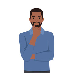 Young black man is thinking. Question mark. Flat vector illustration isolated on white background
