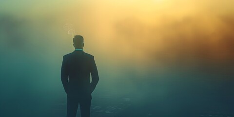 Obraz premium Silhouetted Businessman in Ethereal Morning Fog Pondering the Path Ahead with a Fresh Perspective