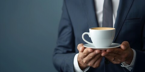A business executive evaluating the and presentation of a specialty coffee cup in a professional setting - Powered by Adobe