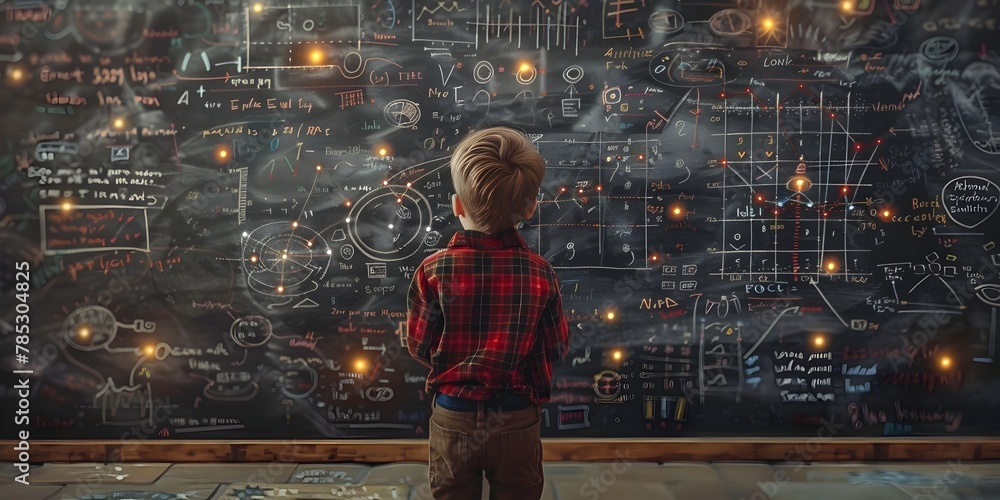 Poster young character connecting logical dots on massive chalkboard wall learning and exploring new possib
