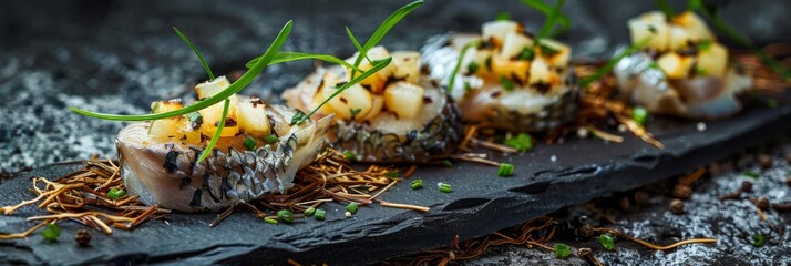 Herring Canape with Potato and Onion on Natural Rustic Background, Beautiful Creative Sea Food - obrazy, fototapety, plakaty