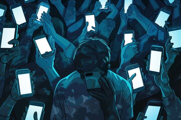 Illustration of people addicted to mobile phones - obrazy, fototapety, plakaty