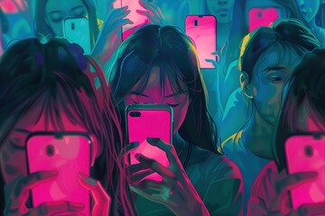 Young people addicted to mobile phones, illustration  - obrazy, fototapety, plakaty