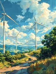 A digital painting of a landscape with wind turbines. The sky is blue and cloudy, and the sun is shining. There are green hills in the distance, and a road in the foreground.
