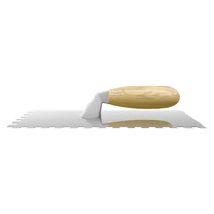 Isometric notched tiling trowel. Four-sided Serrated Spatula. Working tool for repair work. Construction tool. Plastering trowel with wooden handle isolated on white background. Realistic vector 3d - obrazy, fototapety, plakaty