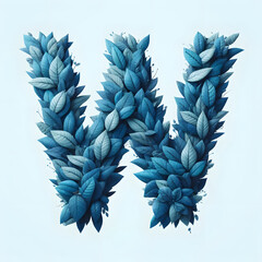 The letter W is made out of blue Leaves, Isolated on a white background, leaves font concept,...
