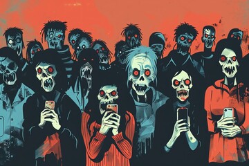 group of zombies holding smartphones, flat illustration