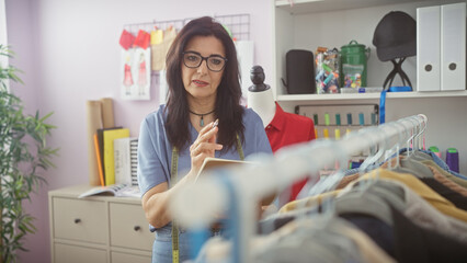 A middle-aged woman dressmaker in glasses stands in her atelier with colorful threads and outfits.