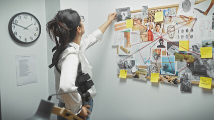 Mature hispanic woman in detective office analyzing crime evidence board